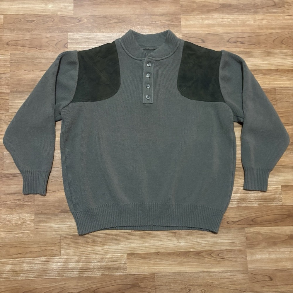 Filson Mens Peat Green Virgin Wool Shoulder Panels Henley Guide Sweater Size S/M